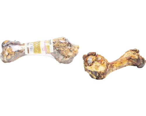 Zwei Hundeknochen, einer verpackt und einer unverpackt.
