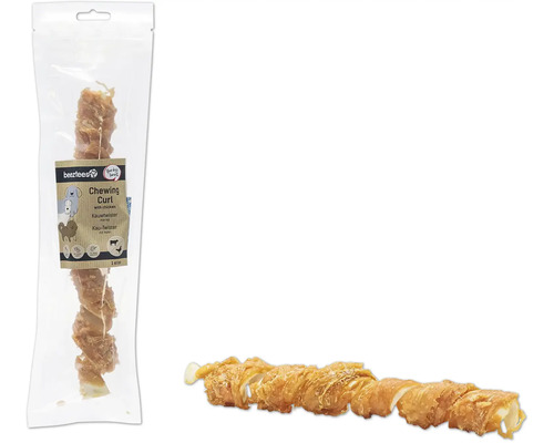 Beeztees Chewing Curl Hundesnack mit Huhn in Verpackung und einzeln