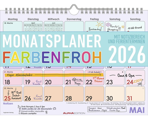 Monatskalender Farbenfroh 2026 29,7x21 cm Wandkalender mit Monatsplaner, Notizbereich und Ferienübersicht für das Jahr 2026