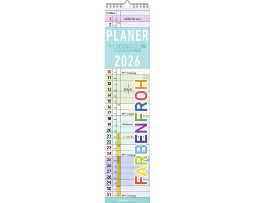 Streifenplaner Farbenfroh 2026 11,3x49,5 cm Wandkalender 2026 mit Notizbereich und Ferienterminen