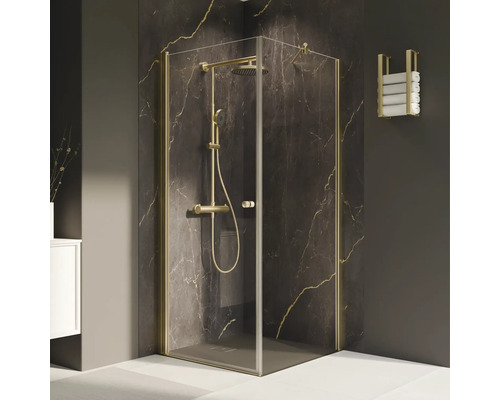 Duschkabine mit Brausegarnitur und Handtuchhalter im Badezimmer