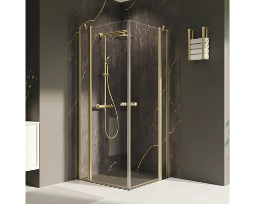 Eckdusche mit Duscharmatur und Handtuchhalter im Badezimmer