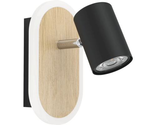 Wandleuchte mit Holzoptik und schwenkbarem, schwarzem Lampenkopf