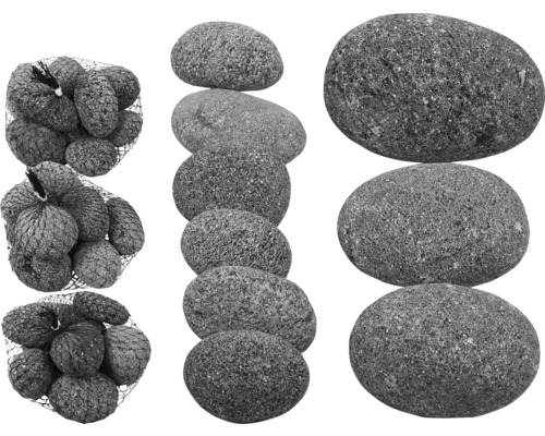 Aquariumdekoration Stein ORBIT Calbuco Black Lava PebbleSet im Karton für ca. 120 cm Aquarium, mit Small 32 St. ca. 5 cm , Medium 11 St. ca. 8 cm , Large 6 St. ca. 15 cm, anthrazit Dekorative Lavasteine, einige in Netzen und andere gestapelt oder einzeln liegend