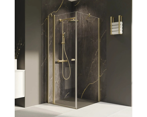 Eckdusche mit goldenen Beschlägen in modernem Badezimmer