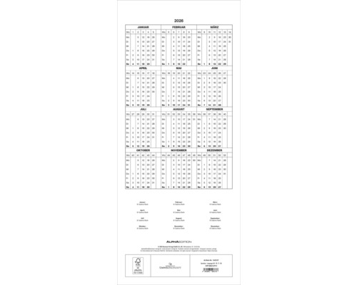 Kalender mit Monatsübersicht für das Jahr 2026