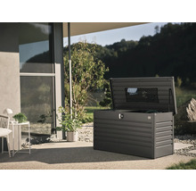 Geöffnete Gartenbox zur Aufbewahrung von Gartengeräten im Außenbereich