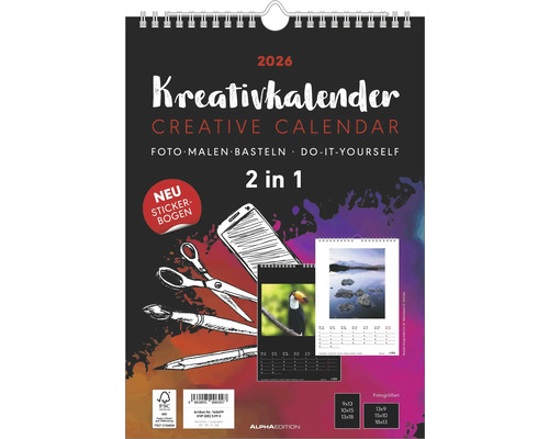 Kreativ-Kalender A4 - 2 in 1 schwaz oder weiß 2026 21x29,7 cm Kreativkalender für das Jahr 2026 mit dem Hinweis neuer Stickerbogen