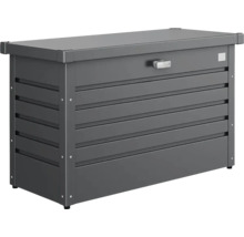 Graue Gartenbox aus Metall mit horizontalen Streben