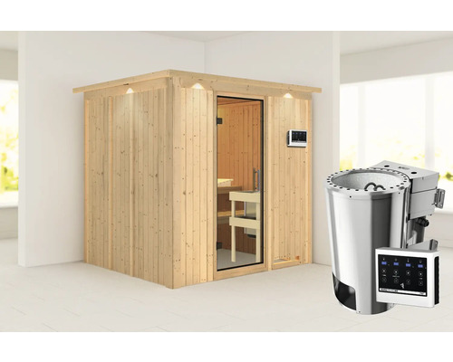 Sauna mit Saunaofen und Steuergerät in einem hellen Raum