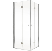 Eckdusche mit transparentem Glas und silberfarbenen Beschlägen