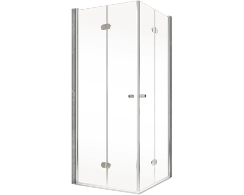 Eckdusche mit transparentem Glas und silberfarbenen Beschlägen