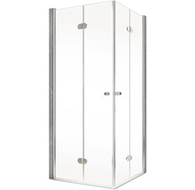 Eckdusche mit klaren Glasscheiben und silberfarbenem Rahmen