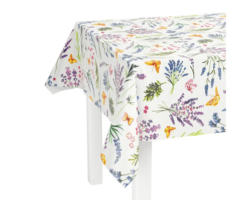 Tischdecke mit Lavendel- und Schmetterlingsmuster auf einem Tisch