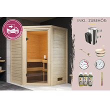 Sauna mit Zubehör wie Saunaofen, Kübel, Kelle, Thermometer, Hygrometer und Aufgussmittel