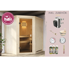 Ecksauna aus Holz mit Glastür und Zubehör wie Saunaofen, Kübel, Kelle, Thermometer und Duftölen
