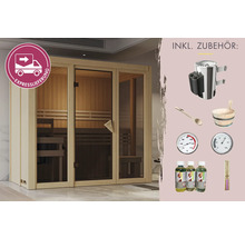 Sauna mit Zubehör, inklusive Saunaofen, Holzkübel, Holzlöffel, Thermometer, Hygrometer und Saunaaufguss