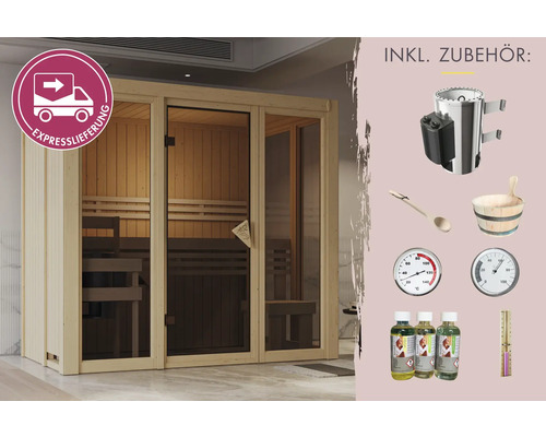 Sauna mit Zubehör, inklusive Saunaofen, Holzkübel, Holzlöffel, Thermometer, Hygrometer und Saunaaufguss