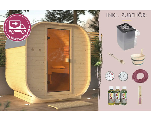 Fasssauna Karibu Vamos 1 inkl. 9 kW u.integr.Steuerung mit bronzierter Ganzglastüre Fasssauna mit Zubehör und Expresslieferung