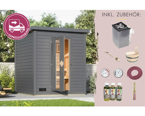 Saunahaus Karibu Andale 2 inkl. 9 kW u.integr.Steuerung mit Holztüre und Isolierglas Klarglas terragrau Graue Gartensauna mit Zubehör und Expresslieferung