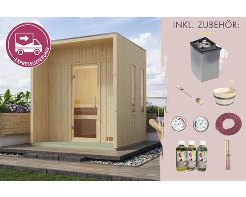 Saunahaus Karibu Presto inkl. 9 kW u.integr.Steuerung mit Ganzglastüre aus Klarglas Gartensauna aus Holz mit Zubehör und Expresslieferung
