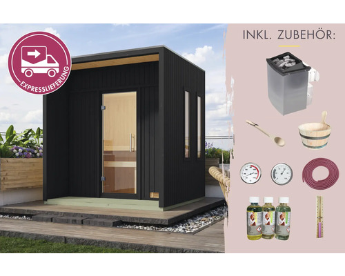 Saunahaus Karibu Presto inkl. 9 kW u.integr.Steuerung mit Ganzglastüre aus Klarglas schwarz Außensauna mit Zubehör und Expresslieferung