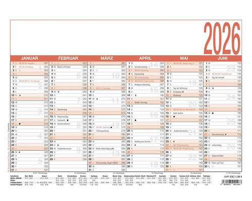 Arbeitstagekalender A4 2026 29,7x21 cm Wandkalender 2026 mit Monatsübersicht