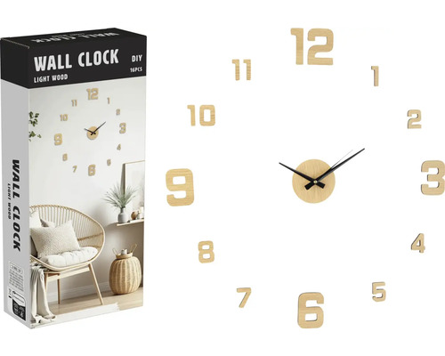 Wanduhr DIY selbstklebend helle Holzoptik DIY Wanduhr aus hellem Holz, 16-teiliges Set