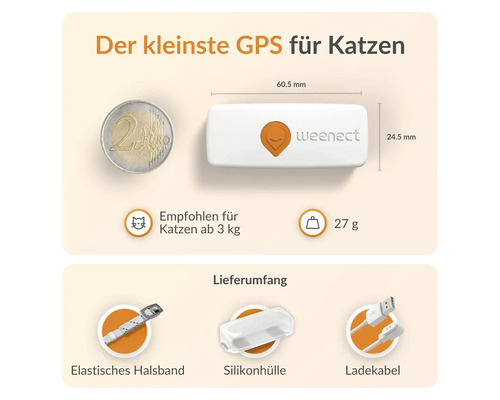 Weenect Logo GPS Tracker für Katzen mit Zubehör, inklusive elastischem Halsband, Silikonhülle und Ladekabel