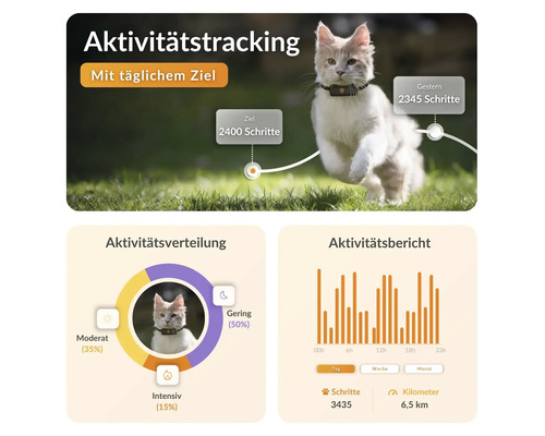 Aktivitätstracking für Katzen mit täglichem Ziel, Aktivitätsverteilung und Aktivitätsbericht
