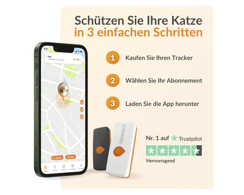 Weenect Katzentracker mit App-Darstellung auf einem Smartphone