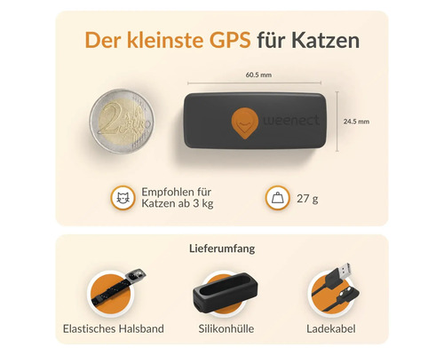 Weenect Logo. Abmessungen von GPS Tracker für Katzen, empfohlen ab drei Kilogramm. Gewicht 27 Gramm. Lieferumfang: elastisches Halsband, Silikonhülle, Ladekabel