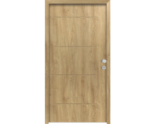 Holztür mit horizontalen Zierleisten und Türbeschlag