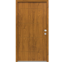 Holztür mit horizontalen Rillen und silberfarbenen Beschlägen