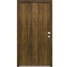 Holztür mit horizontalen Rillen und Türbeschlägen