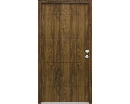 Holztür mit horizontalen Rillen und Türbeschlägen