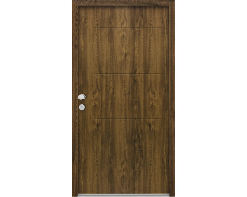 Holztür mit drei horizontalen Zierlinien