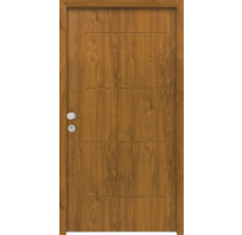 Holztür mit drei horizontalen Rillen und Türbeschlägen