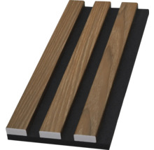 Akustikpaneel mit Holzlatten auf schwarzem Filz