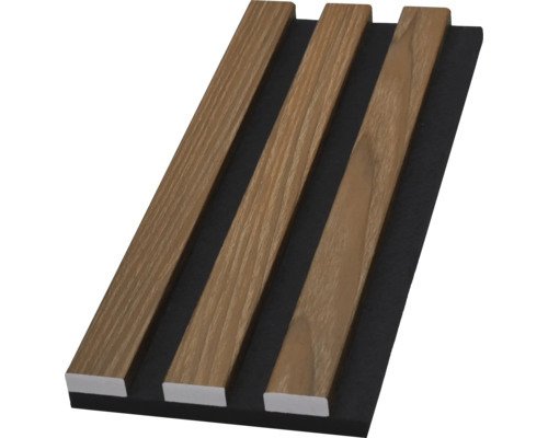 Akustikpaneel mit Holzlatten auf schwarzem Filz