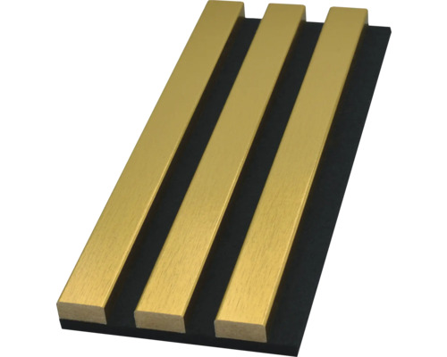 Handmuster zu Akustikpaneel Gold gebürstet foliert 2400 x 572 x 19 mm Akustikpaneel mit Holzlatten auf Filzträger