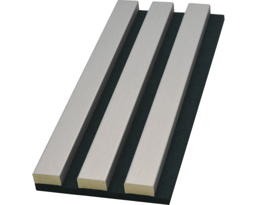 Handmuster zu Akustikpaneel Silber gebürstet foliert 2400 x 572 x 19 mm Akustikpaneel mit drei Leisten auf Filz
