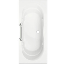 Weiße Badewanne von oben mit Ablauf und Haltegriffen