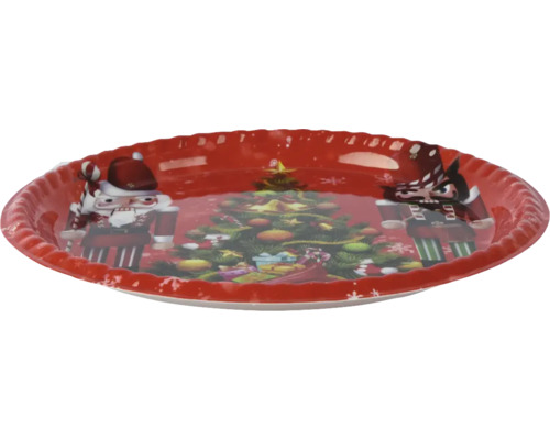 Dekoteller Nussknacker Kunststoff Ø 28 cm H 2,5 cm rot Dekorative Servierplatte mit Nussknacker und Weihnachtsbaum Motiv
