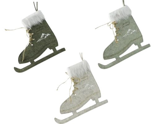 Drei dekorative Schlittschuhe mit Schriftzug und Aufhängung