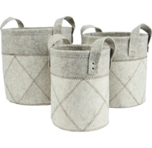 Drei graue Filzkörbe mit Griffen und Ziernaht