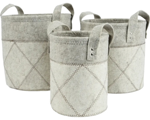 Drei graue Filzkörbe mit Griffen und Ziernaht