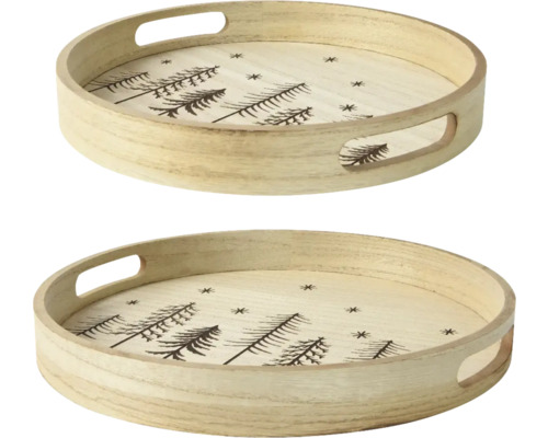 Tablett MDF 34,5 x 34,5 x 4 cm beige Zwei runde Holztabletts mit Griffen und Tannenbaum-Motiv