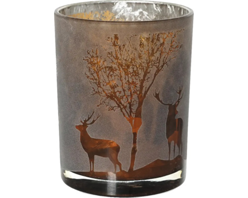 Teelichthalter Hirsch & Baum Glas Ø 10 cm H 12,5 cm braun Teelichthalter mit Hirsch- und Baumdesign