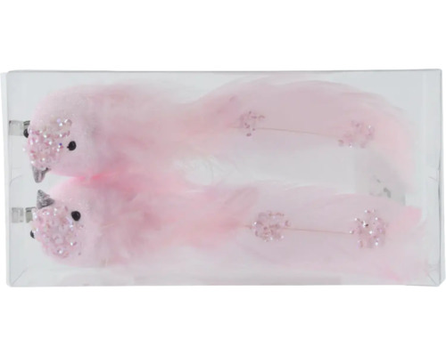 Weihnachtsbaumschmuck Vogel Schaumstoff pink Zwei dekorative, rosafarbene Vögel mit Federn in einer transparenten Verpackung.